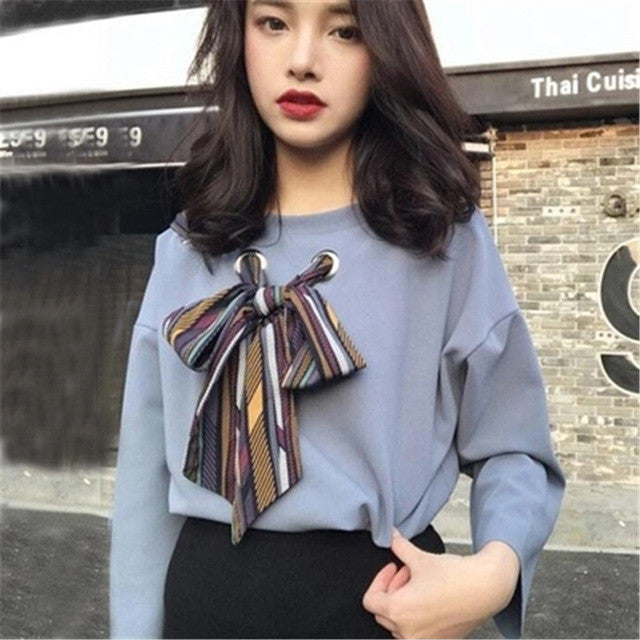 New  Fashion Korean style Summer Elegant Bow Tie Blouse O-Neck Shirt Slim Blusas Full Sleeve Women Tops 72513 GS