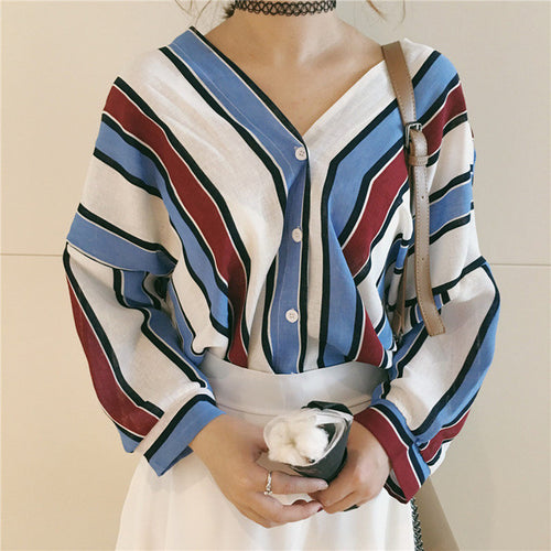 New  Fashion Korean style Summer Elegant Striped Blouse V-Neck Button Shirt Sexy Casual Blusas Women Tops 72514 GS