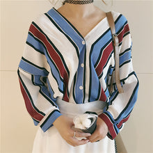 New  Fashion Korean style Summer Elegant Striped Blouse V-Neck Button Shirt Sexy Casual Blusas Women Tops 72514 GS