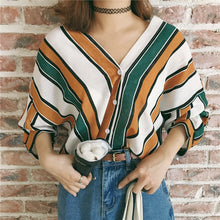 New  Fashion Korean style Summer Elegant Striped Blouse V-Neck Button Shirt Sexy Casual Blusas Women Tops 72514 GS