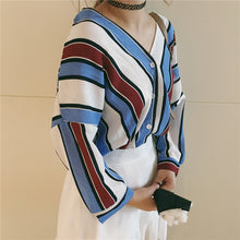 New  Fashion Korean style Summer Elegant Striped Blouse V-Neck Button Shirt Sexy Casual Blusas Women Tops 72514 GS