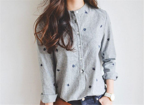 New  Fashion Long Sleeve Striped Blouse Korean Style Shirt Embroidery Blouses Ladies Blusas Women Tops Plus Size 72695 GS