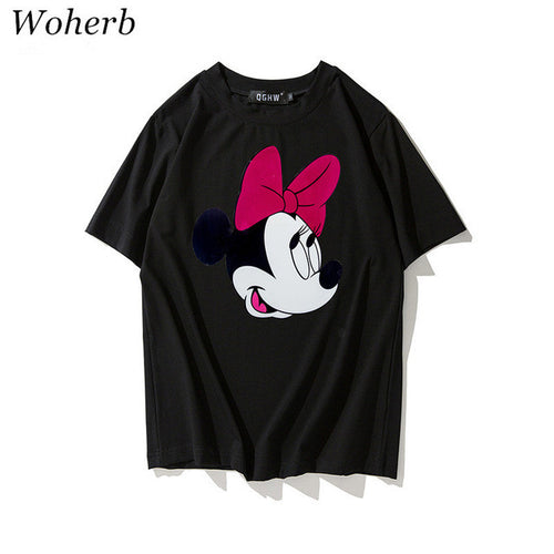 New  Fashion Loose Cartoon Bow Tie Mouse Print T Shirts Short Sleeve Casual T-shirts Female Women Tops Plus Size 72626 GS