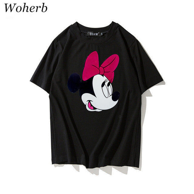 New  Fashion Loose Cartoon Bow Tie Mouse Print T Shirts Short Sleeve Casual T-shirts Female Women Tops Plus Size 72626 GS