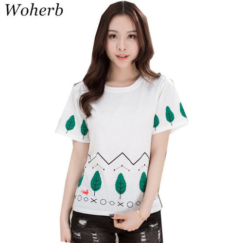 New  Fashion Loose Leaves Print T Shirts Short Sleeve Casual T-shirts Plus Size Female t shirt Women Tops Tee 72639 GS