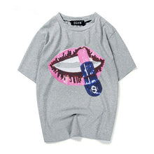 New  Fashion Loose Print Lip Sequined Bling T Shirts Short Sleeve Casual T-shirts Plus Size Female Women Tops 72625 GS