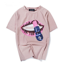 New  Fashion Loose Print Lip Sequined Bling T Shirts Short Sleeve Casual T-shirts Plus Size Female Women Tops 72625 GS
