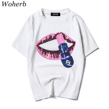 New  Fashion Loose Print Lip Sequined Bling T Shirts Short Sleeve Casual T-shirts Plus Size Female Women Tops 72625 GS