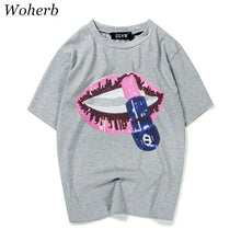New  Fashion Loose Print Lip Sequined Bling T Shirts Short Sleeve Casual T-shirts Plus Size Female Women Tops 72625 GS