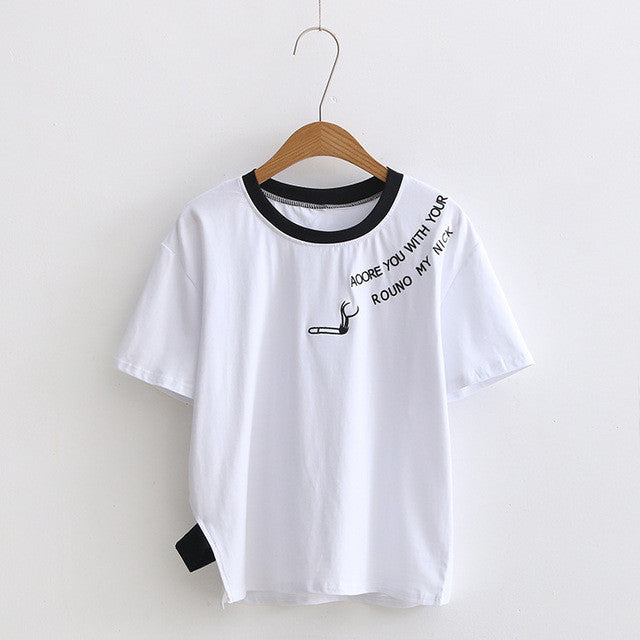 New  Fashion Matches Letter Embroidery T Shirts Short Sleeve Casual T-shirts Female t shirt Women Tops Tee Plus Size 72640 GS