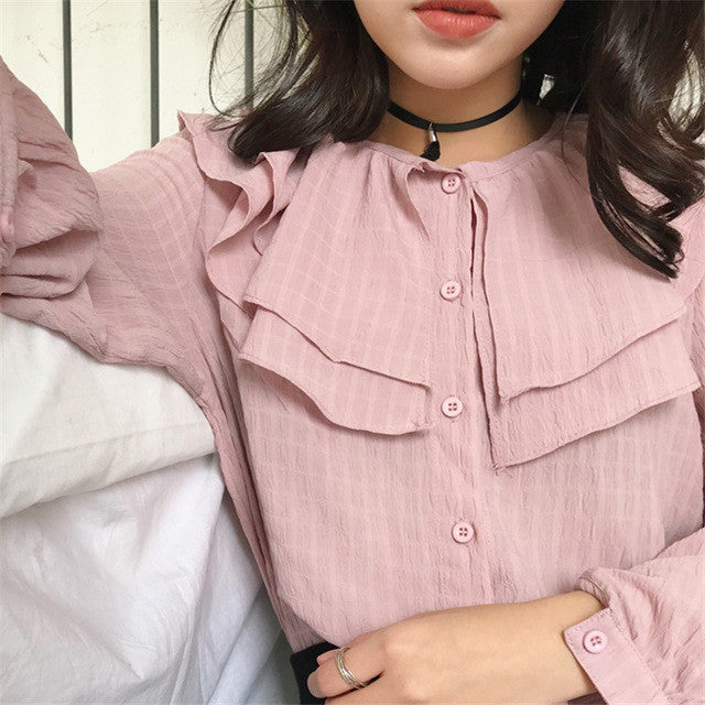 New  Fashion Ruffles Pleated Chiffon Blouse Elegant Long Sleeve Plus Size Cute Blusas Loose Casual Shirt Women Tops 72707 GS