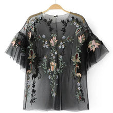 New  Fashion Sexy Translucent Flower Embroidery Blouse Ruffles Shirt Short Sleeve Round Collar Ladies Blusas Women Tops GS