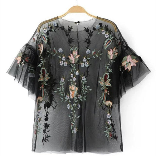New  Fashion Sexy Translucent Flower Embroidery Blouse Ruffles Shirt Short Sleeve Round Collar Ladies Blusas Women Tops GS