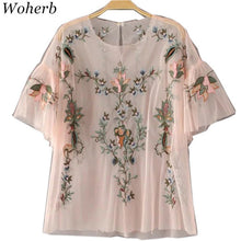 New  Fashion Sexy Translucent Flower Embroidery Blouse Ruffles Shirt Short Sleeve Round Collar Ladies Blusas Women Tops GS
