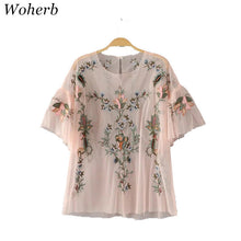 New  Fashion Sexy Translucent Flower Embroidery Blouse Ruffles Shirt Short Sleeve Round Collar Ladies Blusas Women Tops GS