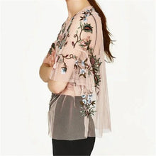 New  Fashion Sexy Translucent Flower Embroidery Blouse Ruffles Shirt Short Sleeve Round Collar Ladies Blusas Women Tops GS
