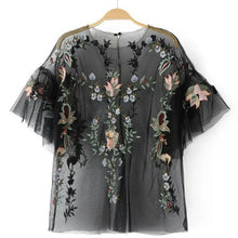 New  Fashion Sexy Translucent Flower Embroidery Blouse Ruffles Shirt Short Sleeve Round Collar Ladies Blusas Women Tops GS