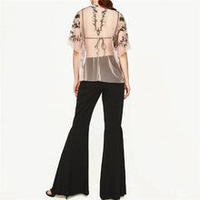 New  Fashion Sexy Translucent Flower Embroidery Blouse Ruffles Shirt Short Sleeve Round Collar Ladies Blusas Women Tops GS