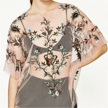 New  Fashion Sexy Translucent Flower Embroidery Blouse Ruffles Shirt Short Sleeve Round Collar Ladies Blusas Women Tops GS