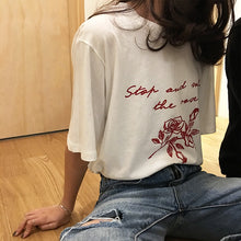 New  Fashion Short Sleeve T-shirts Plus Size Letter Rose Print Tops Casual Female t shirts O-neck Women tshirts 72542 GS