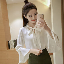 New  Fashion Solid Bow Tie Chiffon Blouse Flare Sleeve V-Neck Button Blusas Casual Shirt Elegant Women Tops Plus Size 72709 GS