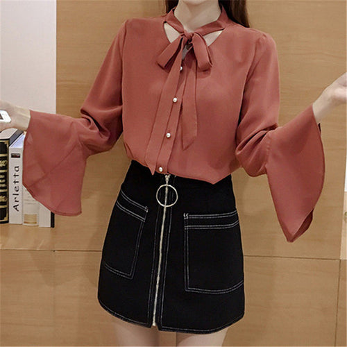New  Fashion Solid Bow Tie Chiffon Blouse Flare Sleeve V-Neck Button Blusas Casual Shirt Elegant Women Tops Plus Size 72709 GS