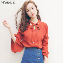 New  Fashion Solid Bow Tie Chiffon Blouse Flare Sleeve V-Neck Button Blusas Casual Shirt Elegant Women Tops Plus Size 72709 GS