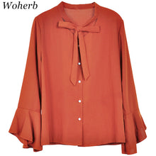 New  Fashion Solid Bow Tie Chiffon Blouse Flare Sleeve V-Neck Button Blusas Casual Shirt Elegant Women Tops Plus Size 72709 GS