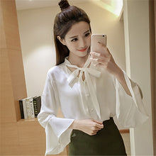 New  Fashion Solid Bow Tie Chiffon Blouse Flare Sleeve V-Neck Button Blusas Casual Shirt Elegant Women Tops Plus Size 72709 GS