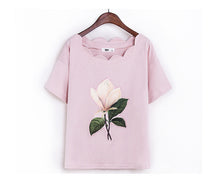 New  Fashion Summer Floral Appliques Wave Collar T Shirts Short Sleeve Casual T-shirts Plus Size Female t shirt Women Tops GS
