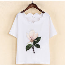New  Fashion Summer Floral Appliques Wave Collar T Shirts Short Sleeve Casual T-shirts Plus Size Female t shirt Women Tops GS