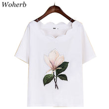 New  Fashion Summer Floral Appliques Wave Collar T Shirts Short Sleeve Casual T-shirts Plus Size Female t shirt Women Tops GS