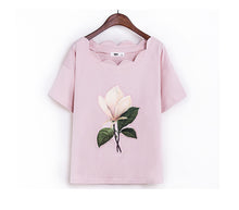 New  Fashion Summer Floral Appliques Wave Collar T Shirts Short Sleeve Casual T-shirts Plus Size Female t shirt Women Tops GS