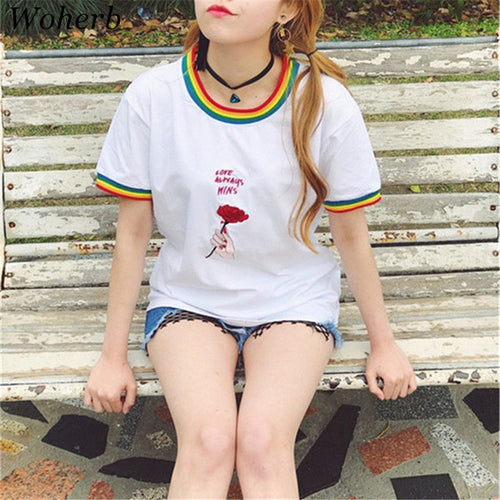 New  Fashion Summer Rainbow Hit Color Letter Rose Floral Embroidery T Shirts Short Sleeve T-shirts Women Tops Plus Size 2650 GS