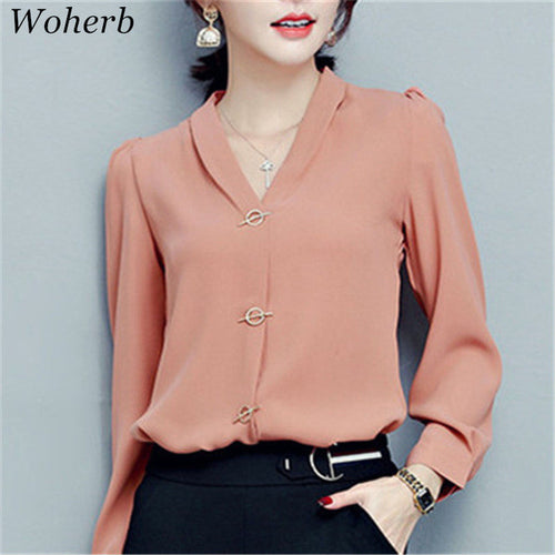New  Fashion V-Neck Chiffon Blouse Puff Sleeve Solid Button Blusas Casual Shirt Brief Elegant Women Tops Plus Size 72710 GS