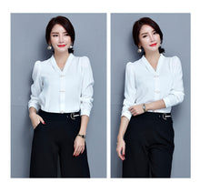 New  Fashion V-Neck Chiffon Blouse Puff Sleeve Solid Button Blusas Casual Shirt Brief Elegant Women Tops Plus Size 72710 GS