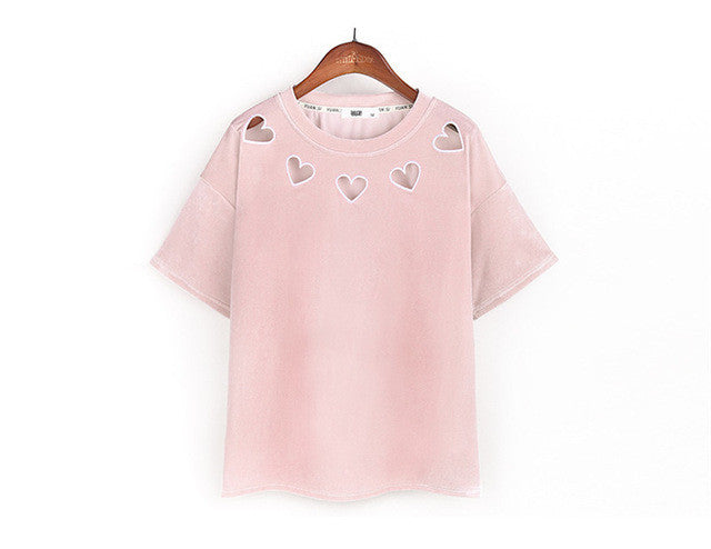 New  Fashion Velour Hollow Out Heart T Shirts Short Sleeve Female t shirt Casual T-shirts Women Tops Tee Plus Size 72647 GS