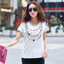 New  Fashion Women Plus Size S-2XL T shirts Necklace Print Beading Diamond t-shirt Women Top Short Sleeve Female tops 72580 GS