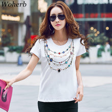 New  Fashion Women Plus Size S-2XL T shirts Necklace Print Beading Diamond t-shirt Women Top Short Sleeve Female tops 72580 GS