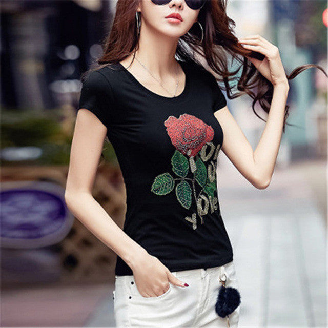 New  Fashion Women Plus Size S-3XL T shirts Letter Diamond Floral Print t-shirt Women Top Short Sleeve Female tops 72578 GS
