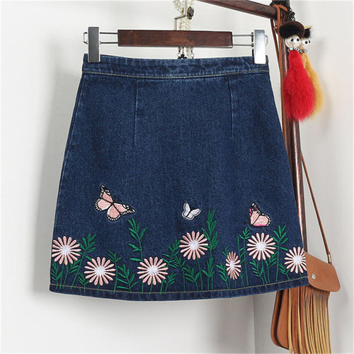 New  Fashion butterfly Floral Embroidery A-Line Skirt Mini Denim Skirts Woman Retro High Waist Skirts 72561 GS