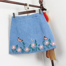 New  Fashion butterfly Floral Embroidery A-Line Skirt Mini Denim Skirts Woman Retro High Waist Skirts 72561 GS