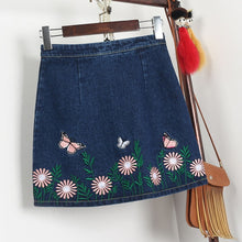 New  Fashion butterfly Floral Embroidery A-Line Skirt Mini Denim Skirts Woman Retro High Waist Skirts 72561 GS
