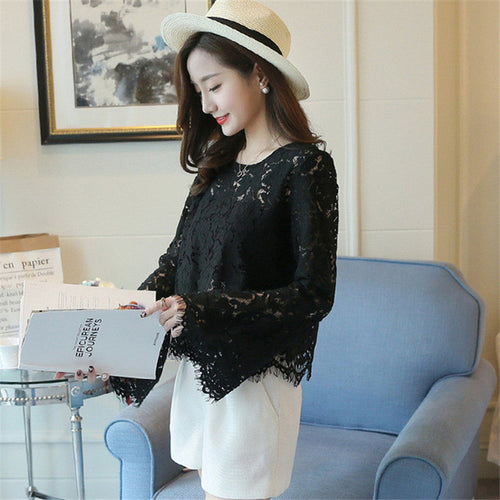 New  Female Fashion Korea Style Lace Blouses Slim Shirt woman Blouse Full Speaker Sleeves Tops With Wrapped Chest 72480 GS