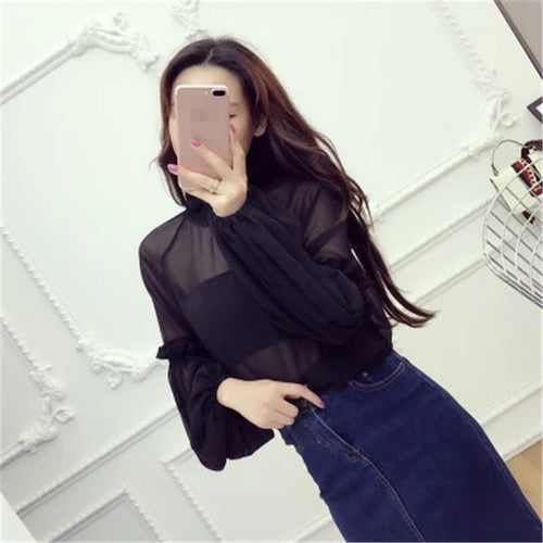 New  Female Fashion Korea Style Lace Blouses With Wrapped Chest Slim Sexy Shirt woman Blouse Lantern Sleeve Tops 72478 GS