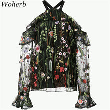 New  Floral Embroidery Long Sleeve Hanging Neck Ribbon Sexy Blouse Ruffles Shirt Ladies Translucent Blusas Women Tops GS