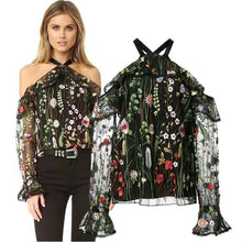 New  Floral Embroidery Long Sleeve Hanging Neck Ribbon Sexy Blouse Ruffles Shirt Ladies Translucent Blusas Women Tops GS