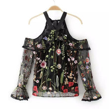 New  Floral Embroidery Long Sleeve Hanging Neck Ribbon Sexy Blouse Ruffles Shirt Ladies Translucent Blusas Women Tops GS