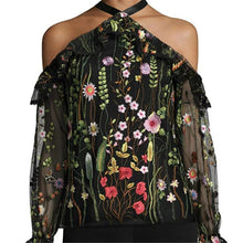 New  Floral Embroidery Long Sleeve Hanging Neck Ribbon Sexy Blouse Ruffles Shirt Ladies Translucent Blusas Women Tops GS