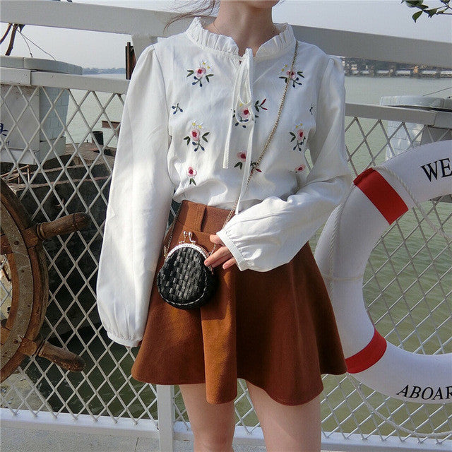 New  Japanese style Summer Kawaii Floral Blouse Bow Tie Casual Ruffled Collar Shirt Cute Blusas Plus Size Women Tops 72521 GS